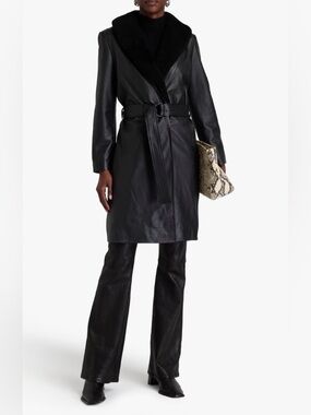 NWT Muubaa Shearling Trim Leather Coat Black Detachable Collar UK8/US4 MSRP$1274